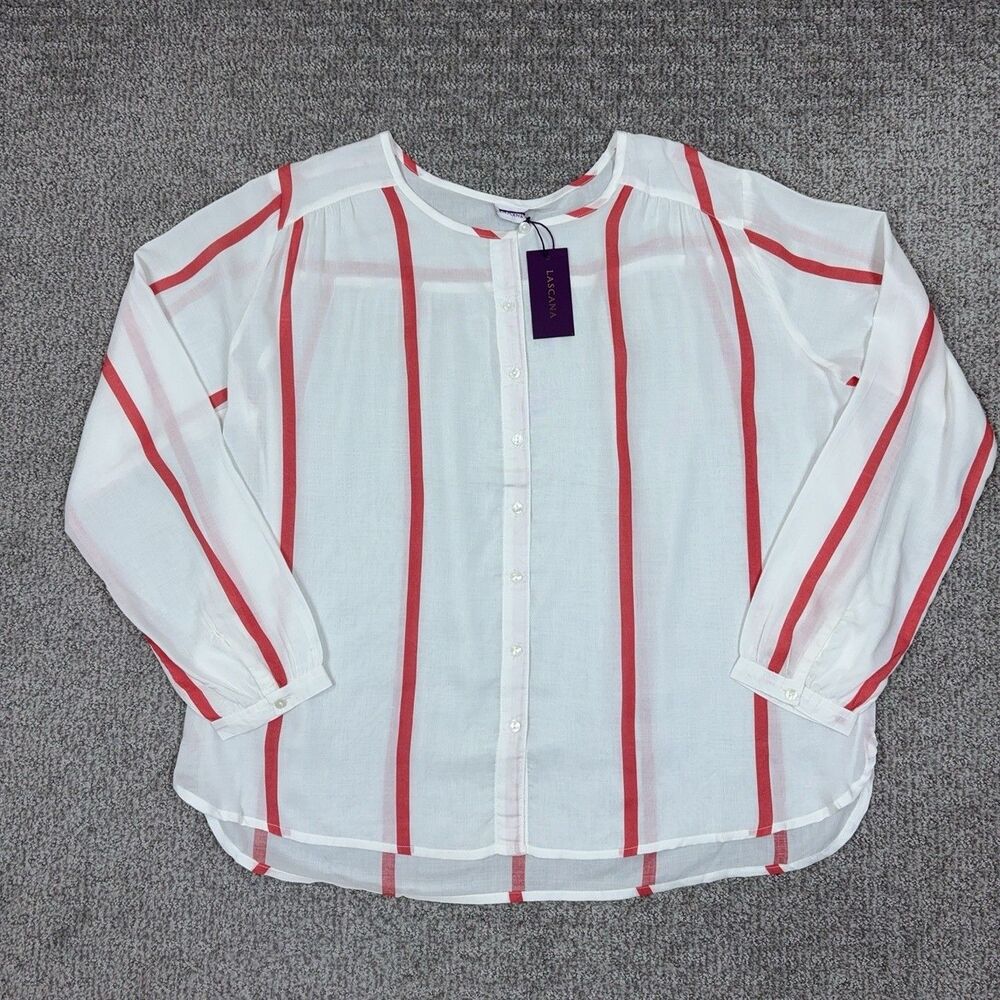 Lascana Top Womens 14 White Red Stripe Modal Button Lightweight Blouse Boho